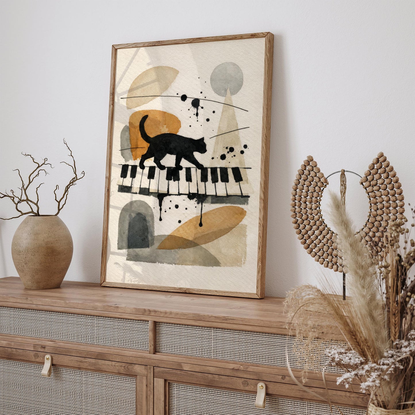 Black Cat on Piano Keyboard Art Print – Vintage Music Wall Art