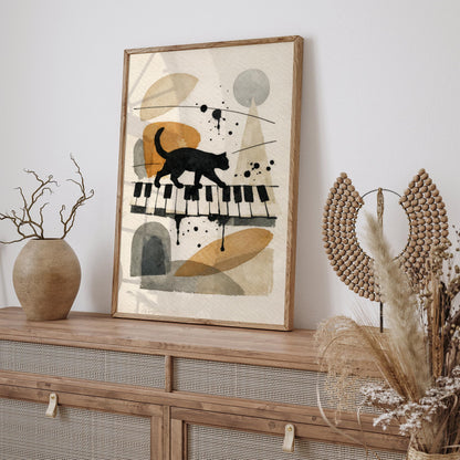 Black Cat on Piano Keyboard Art Print – Vintage Music Wall Art