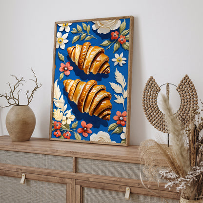 Blue Croissants and Flowers Poster