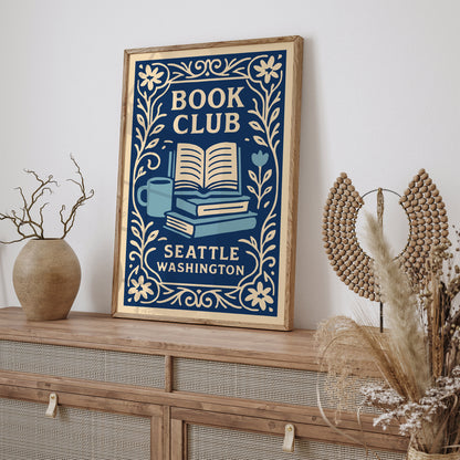 Book Club Seattle Washington Poster - Blue Literary Wall Art Print