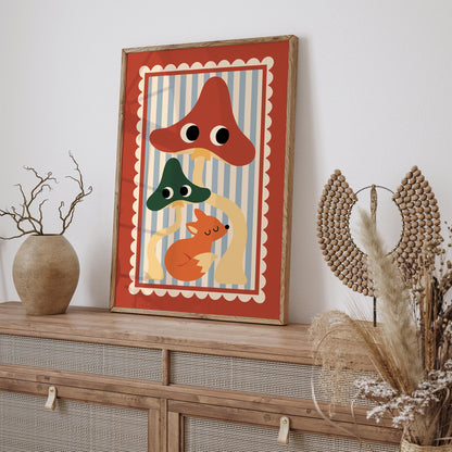 Cute Fox & Mushroom Poster – Whimsical Woodland Wall Art
