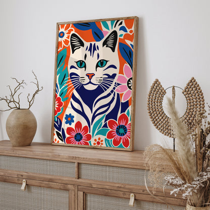 Colorful Cat in Flowers Illustration