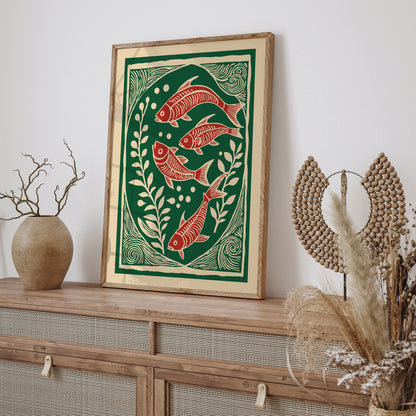 Japanese Linocut Fish Poster - Beach House Decor