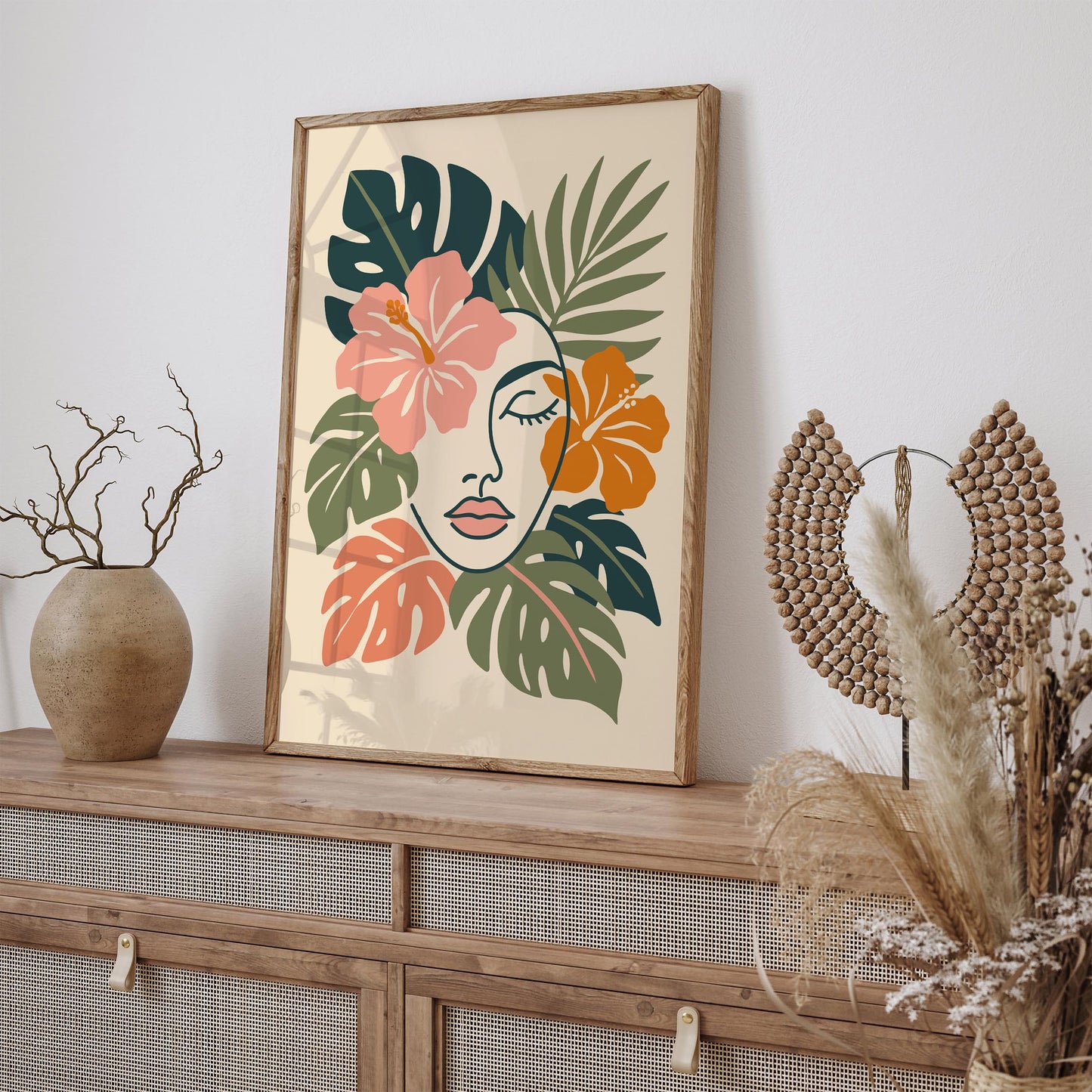 Line Art Woman Face in Tropical Leaves Poster