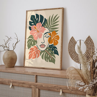 Line Art Woman Face in Tropical Leaves Poster