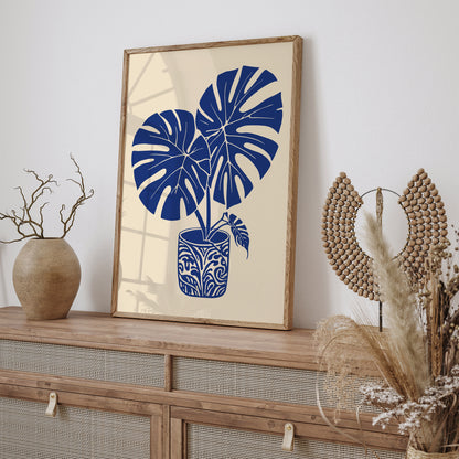 Blue Monstera Leaves Art Print