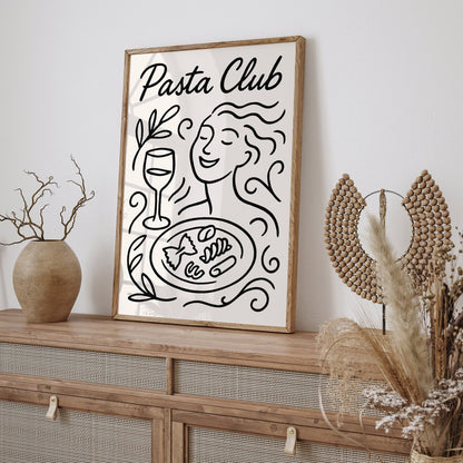 Pasta Club Poster - BW Line Art Italian Food Art Print