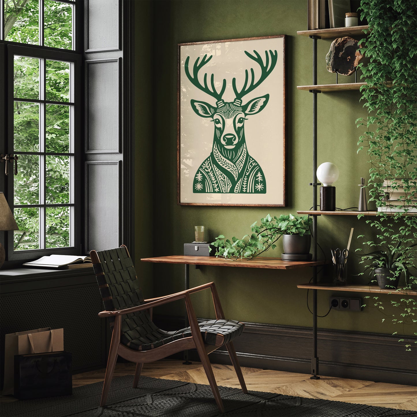 Winter Reindeer in Green Poster