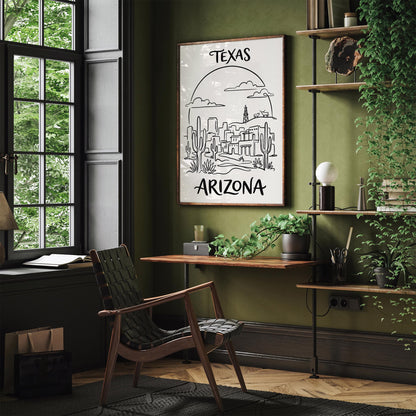Texas Arizona Line Art BW Poster