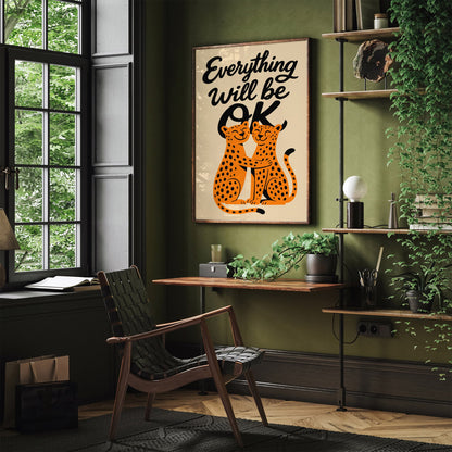 "Everything Will Be OK" Cheetah Hug Poster - Whimsical Retro Wall Art