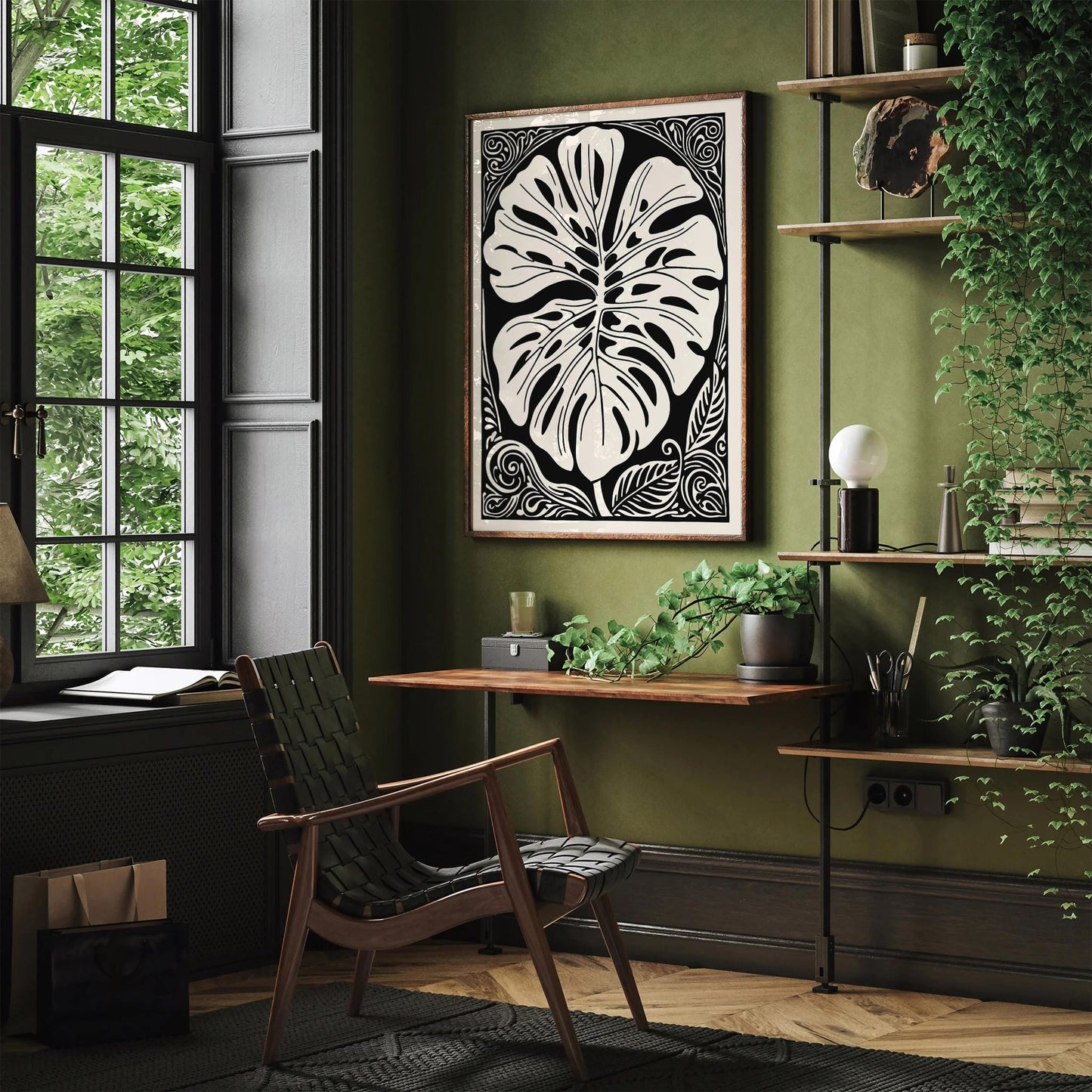 Black and White Rococo Monstera Leaf Poster