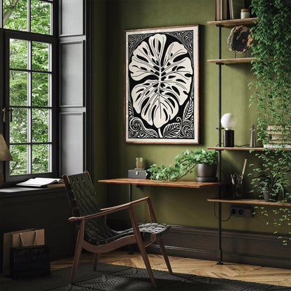 Black and White Rococo Monstera Leaf Poster