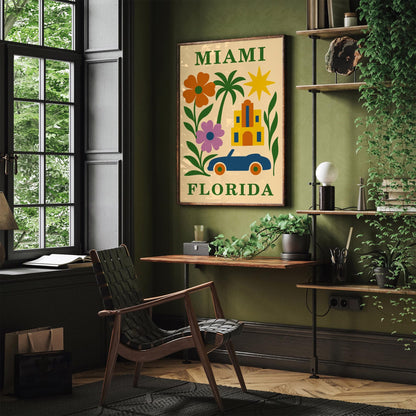 Miami Florida Colorful Retro Travel Poster