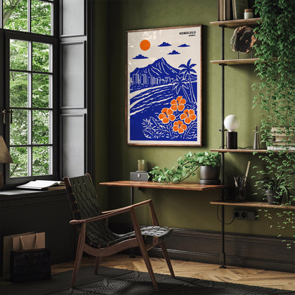 Honolulu. Hawaii Blue Travel Poster Print