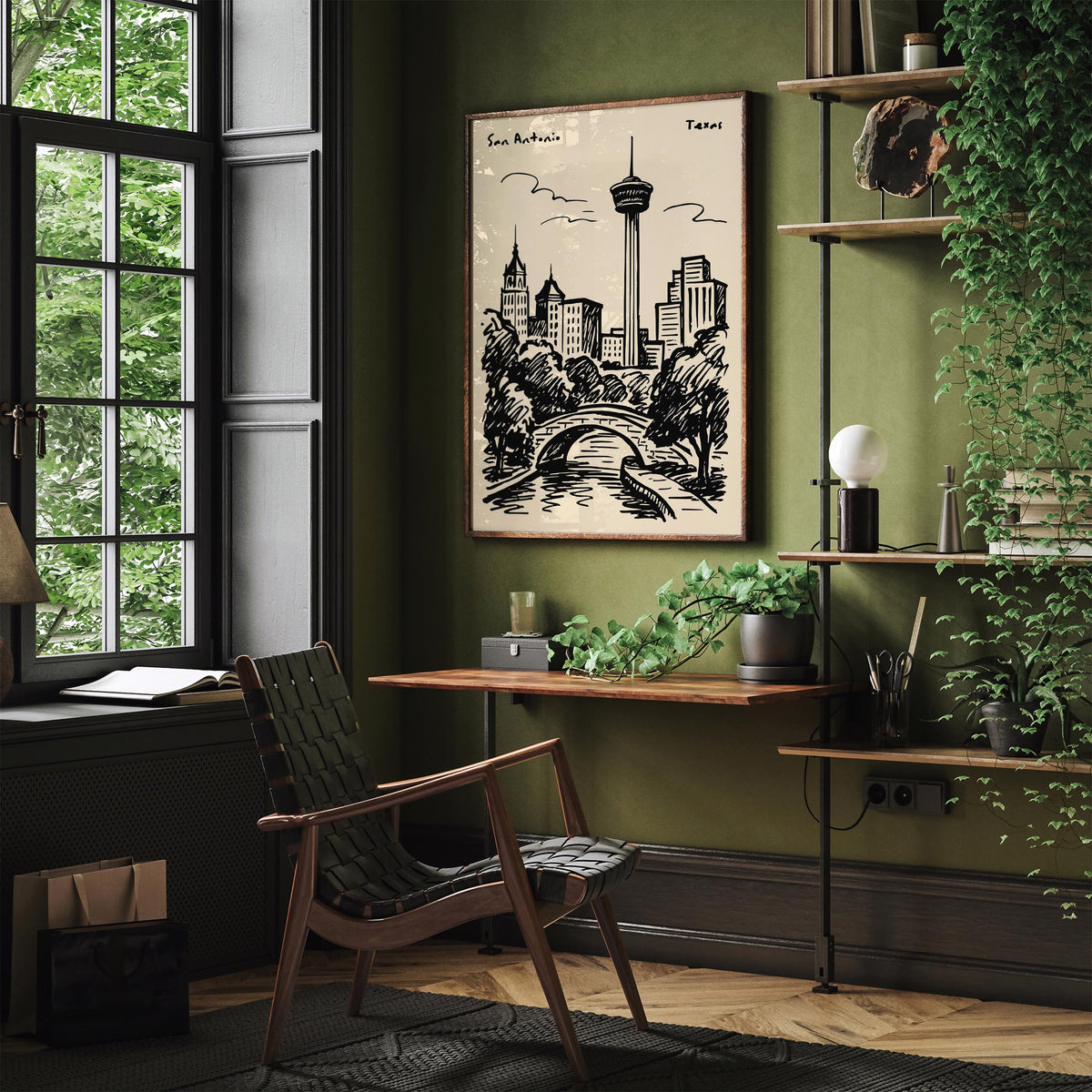 San Antonio Texas Black Ink Travel Poster