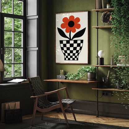 Retro Red Flower in Checkerboard Pot Poster