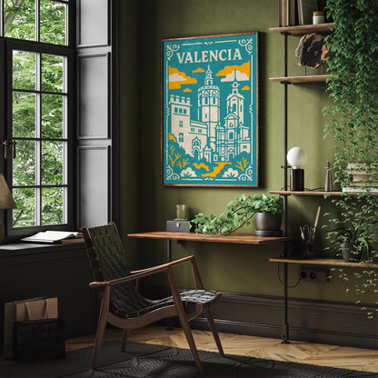 Valencia Spain Poster - Teal Yellow Cathedral Wall Art