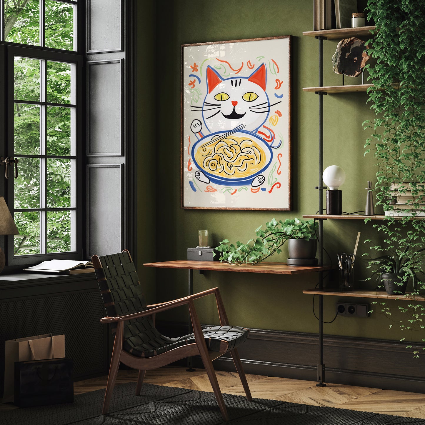 Cute Cat Eating Noodles Art Poster