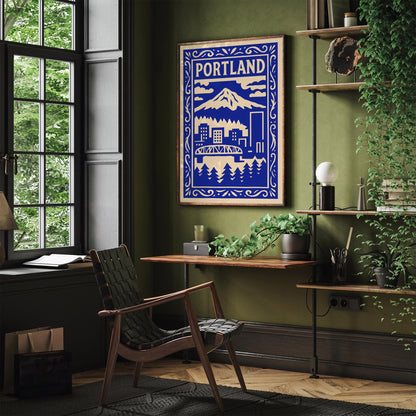 Portland Blue Cityscape Travel Poster