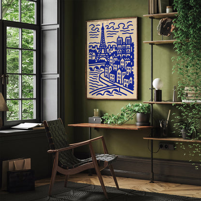 Modern Line Art Paris Cityscape Blue Poster