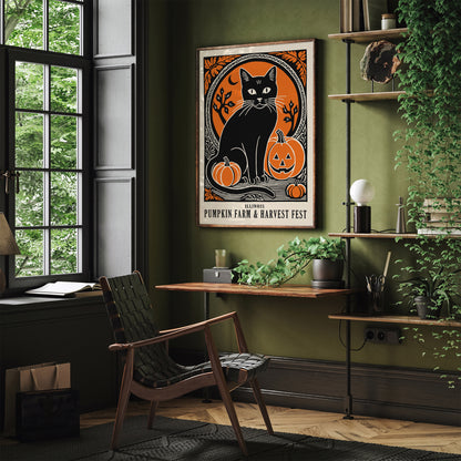 Black Cat and Pumpkin Farm Poster
