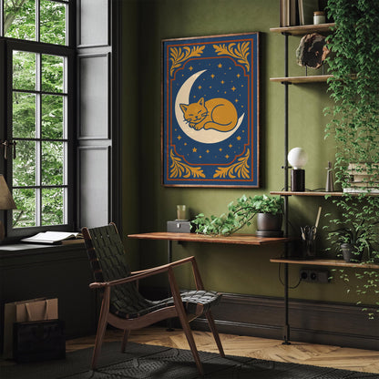 Sleeping Cat on the Moon Poster - Bedroom Wall Decor