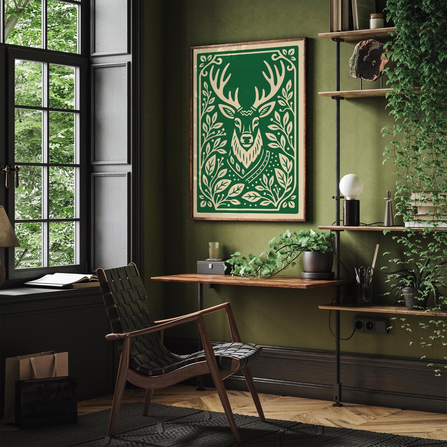 Reindeer Christmas Poster - Green Holiday Wall Art