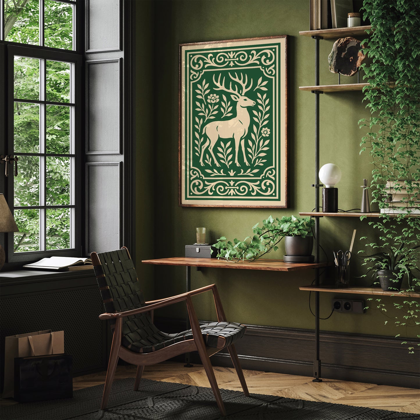 Green Linocut of Deer Poster