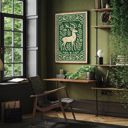 Green Linocut of Deer Poster