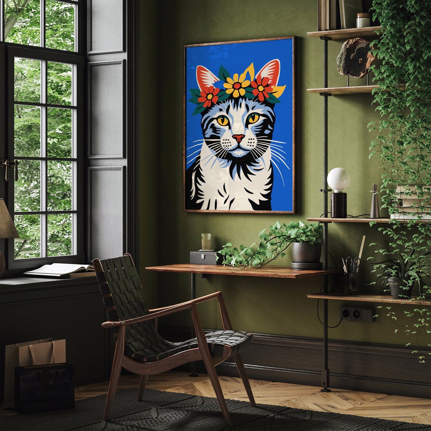 Cat with Flower Crown Blue Art Print