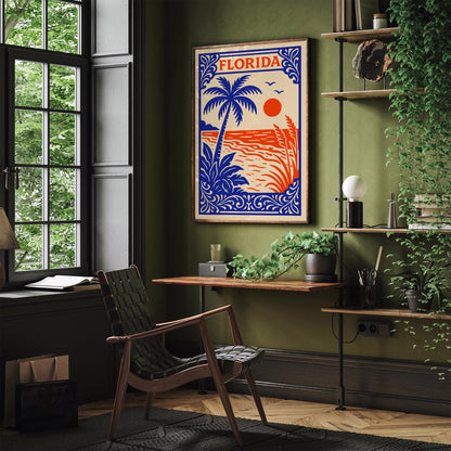 Florida Retro Travel Poster - Vintage Beach Palm Tree Wall Art