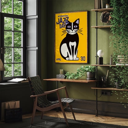 Jazz Day Yellow Poster with Funny Cat