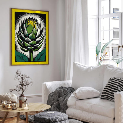 Vintage Artichoke Linocut Yellow Poster