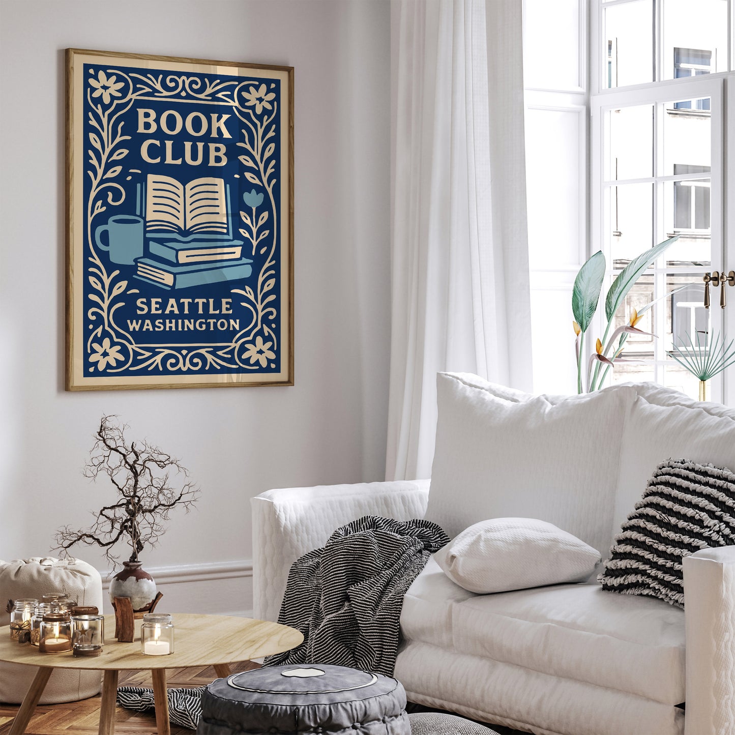 Book Club Seattle Washington Poster - Blue Literary Wall Art Print