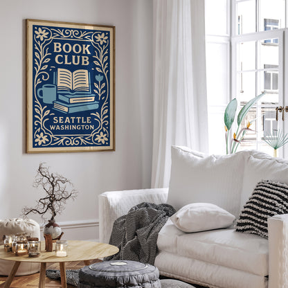 Book Club Seattle Washington Poster - Blue Literary Wall Art Print