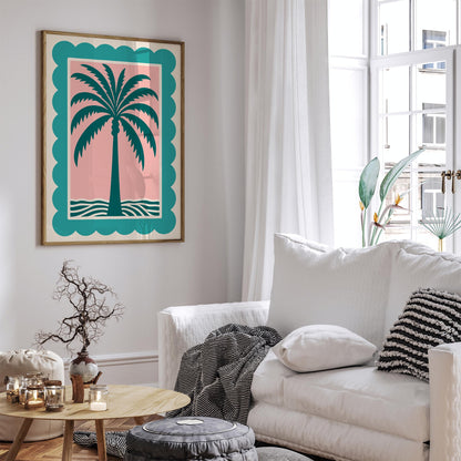 Palm Tree Pink Teal Poster - Retro Tropical Beach Wall Art