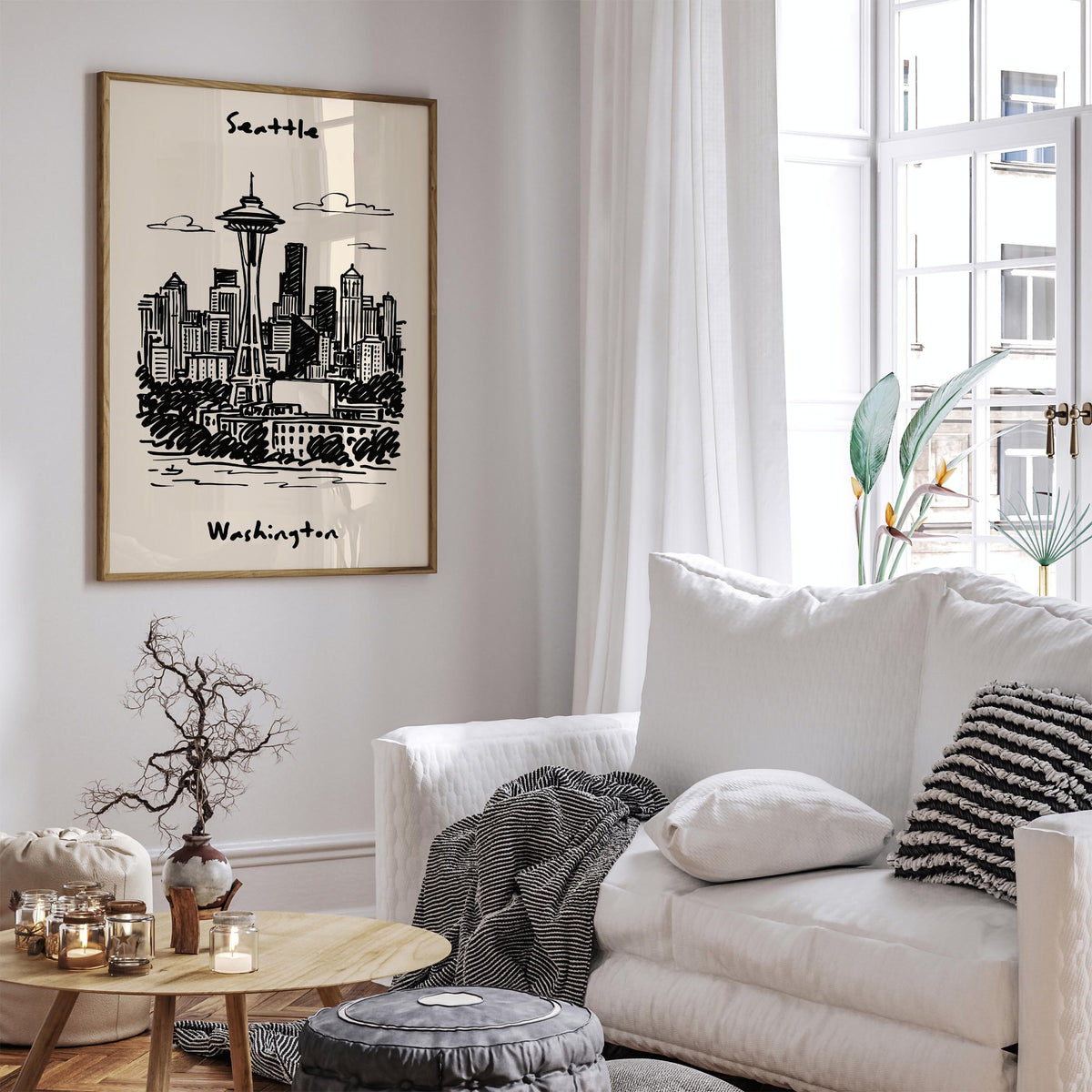 Seattle Washington Black Ink Travel Poster
