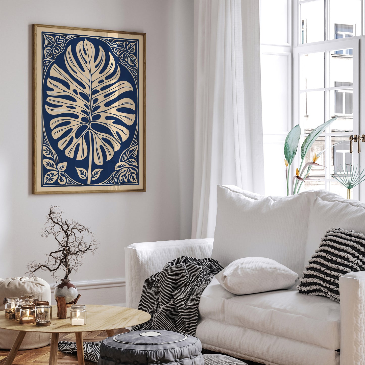 Navy Blue Monstera Leaf Poster