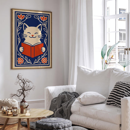 Cute White Cat with a Book Poster