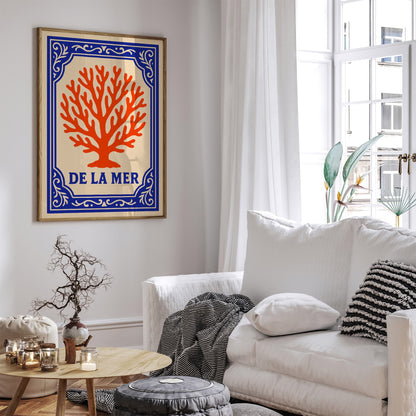 De La Mer Poster - Blue & Coral Orange Nautical Art Print