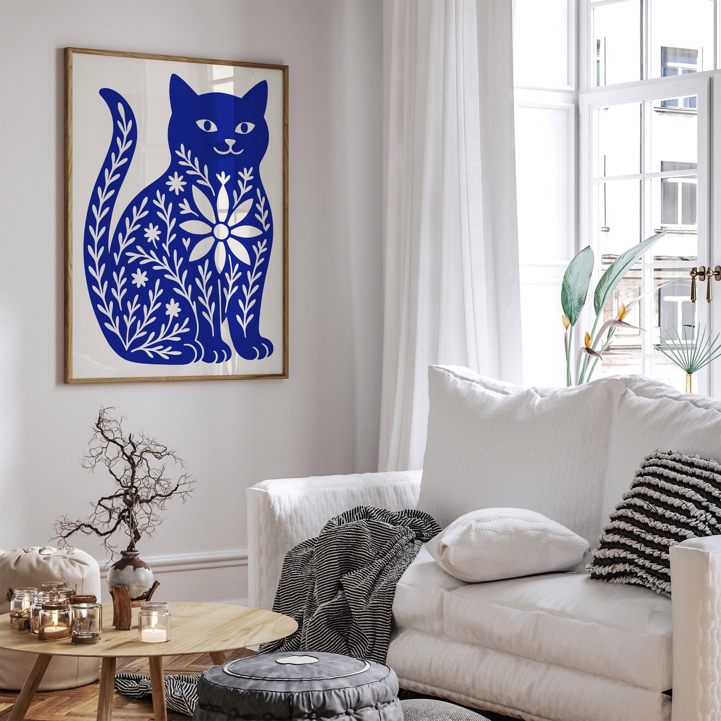 Cute Blue Cat with Floral Pattern Poster