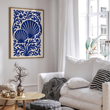 Blue Seashells Poster - Rococo Floral Ornament Wall Art