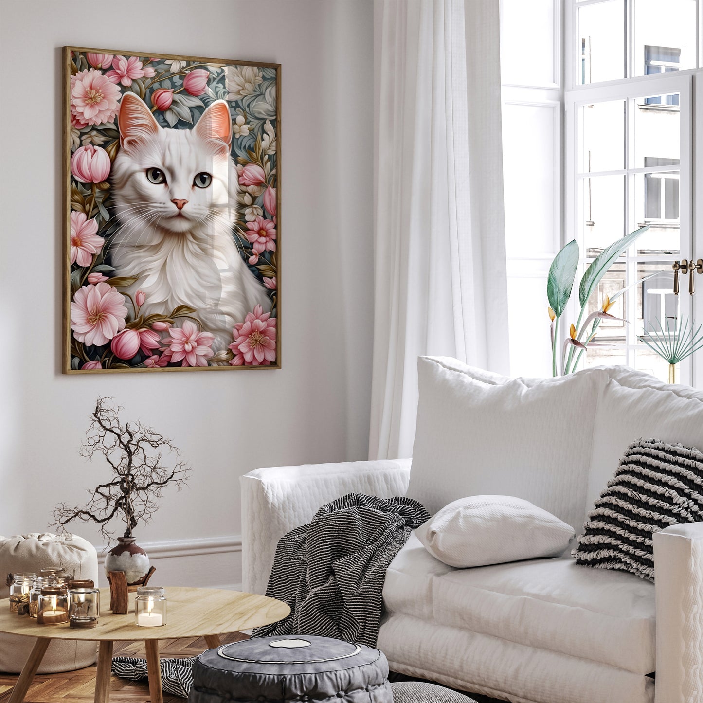 Elegant White Cat in Flowers Poster