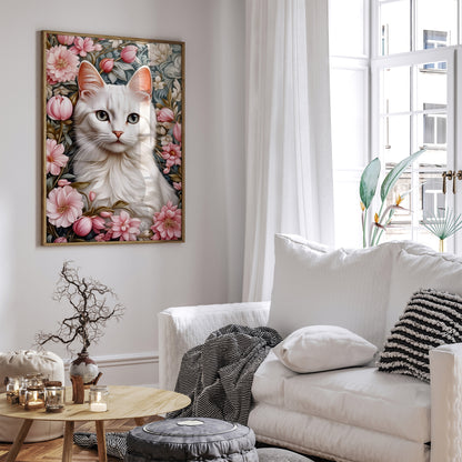 Elegant White Cat in Flowers Poster