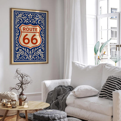 Rout 66 Poster - USA Blue and Red Art Print