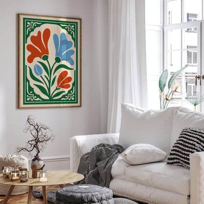 Blue and Red Floral Wall Art Print
