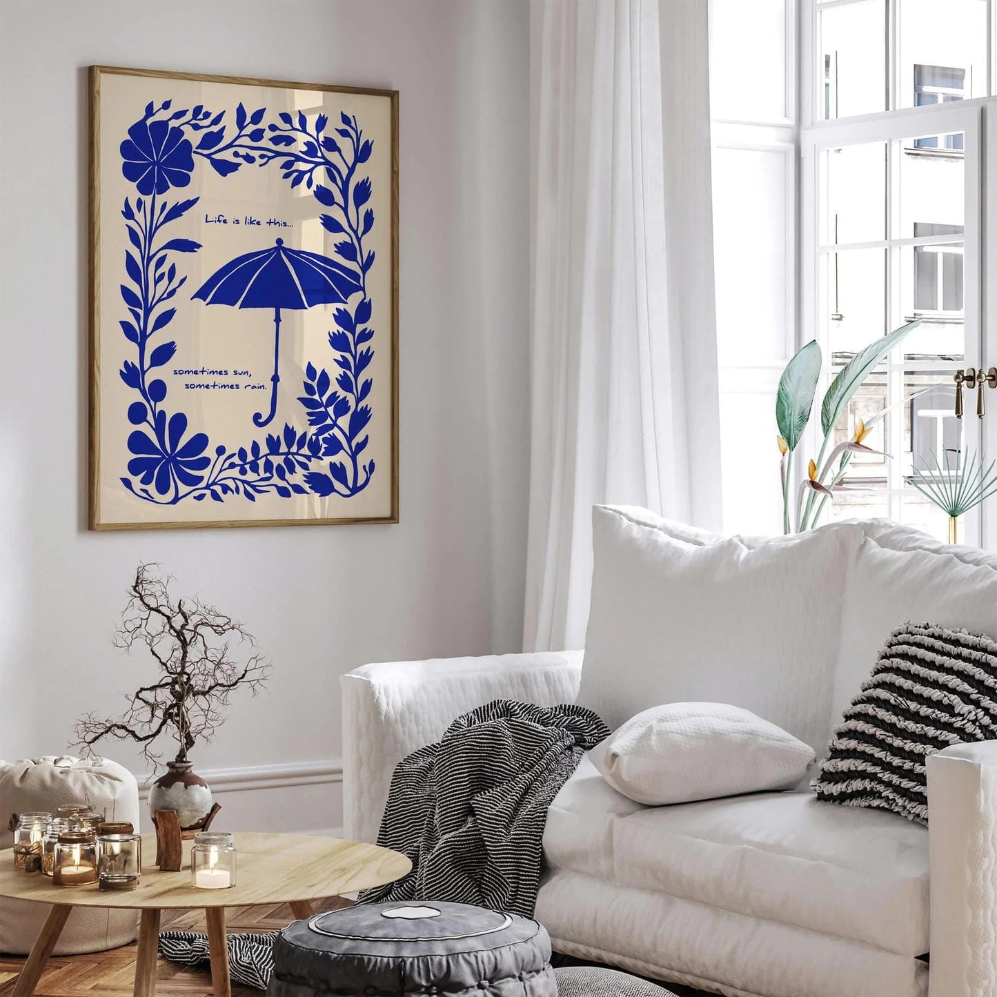 Sometimes Sun Sometimes Rain – Blue Floral Quote Poster