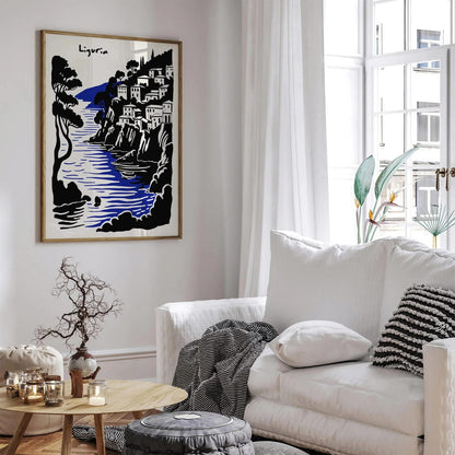 Liguria Italy Travel Art Print – Black & Blue
