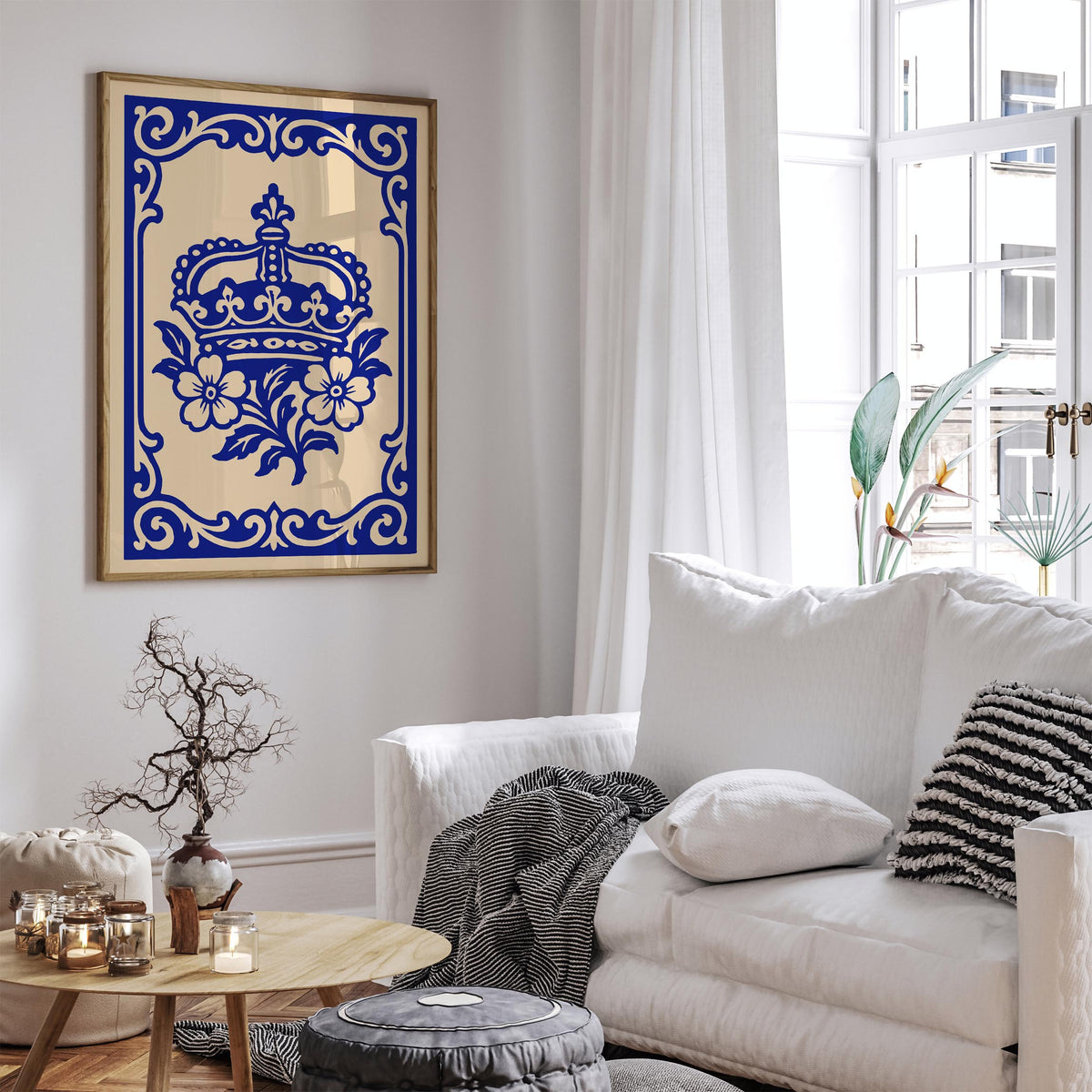 Royal Blue Rococo Floral Crown Art Poster