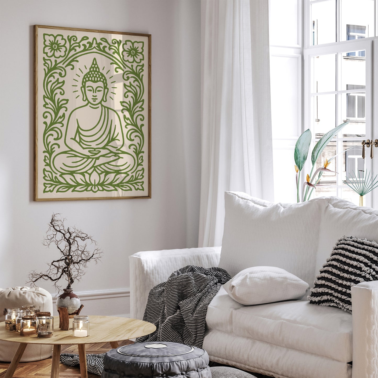 Green Sitting Buddha Poster – Floral Buddhist Art Print